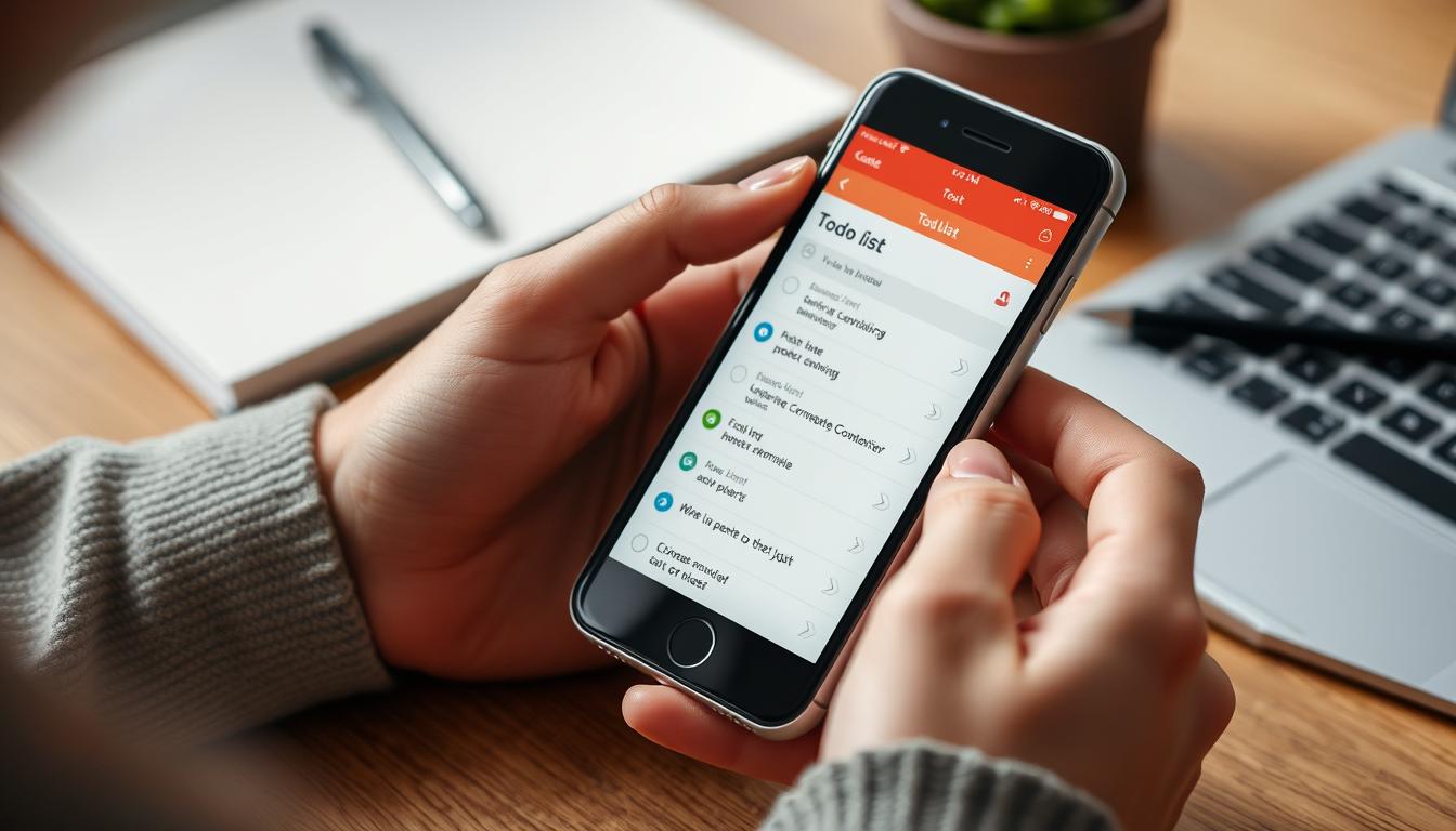 Generate an image of a person using Todoist on their smartphone, with a to-do list and tasks displayed.