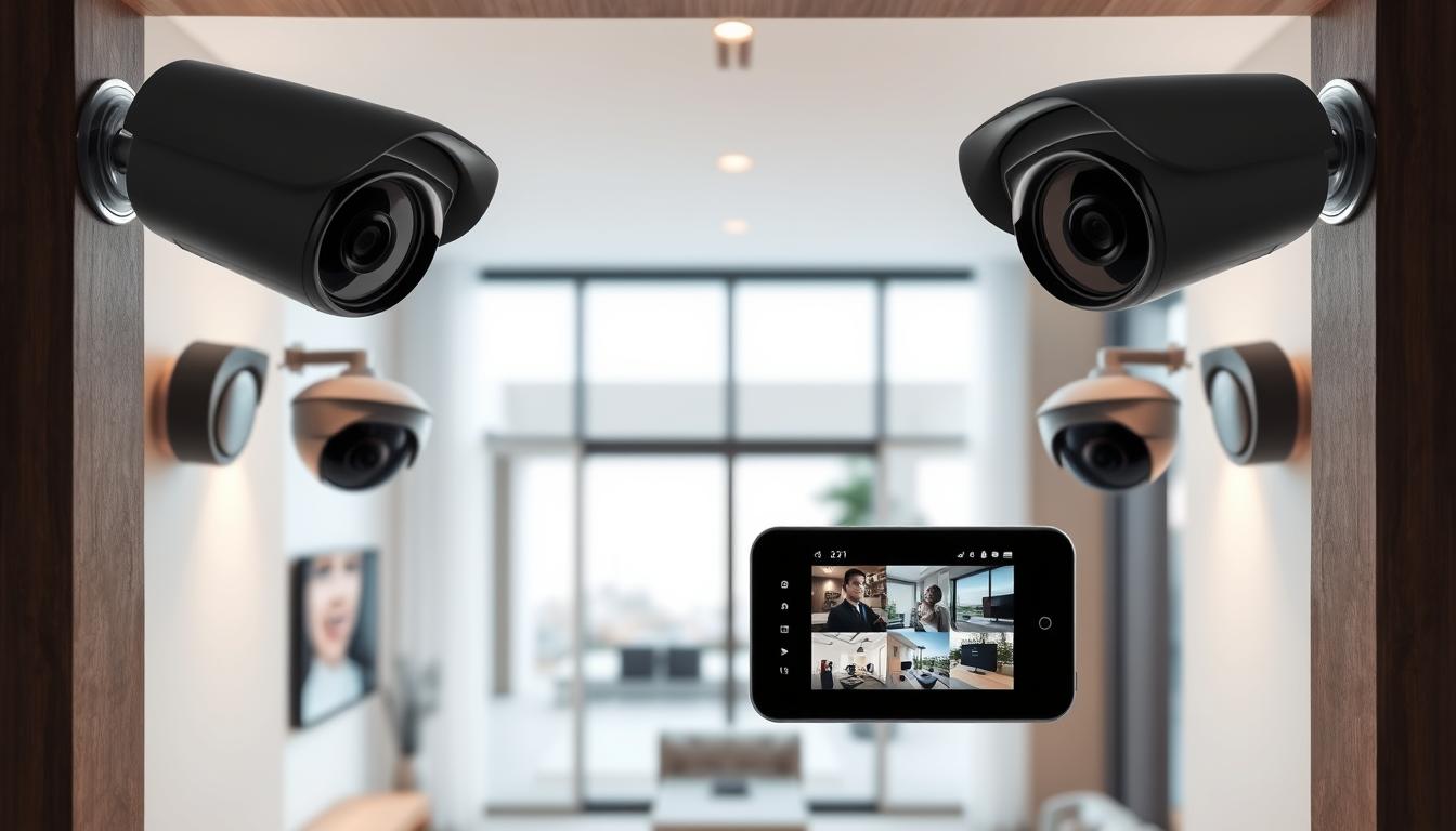 A sophisticated smart security system, capturing high-resolution imagery in a well-lit modern home interior. Smooth, metallic security cameras mounted on walls, meticulously engineered with sleek, minimalist designs. A central control panel displays real-time video feeds, with intuitive touchscreen interfaces. Motion sensors discretely blended into the architectural details, monitoring every corner with sharp precision. Subtle LED indicators subtly illuminating the setup, conveying a sense of advanced technological prowess. The scene exudes a perfect balance of form and function, radiating an aura of cutting-edge home security.