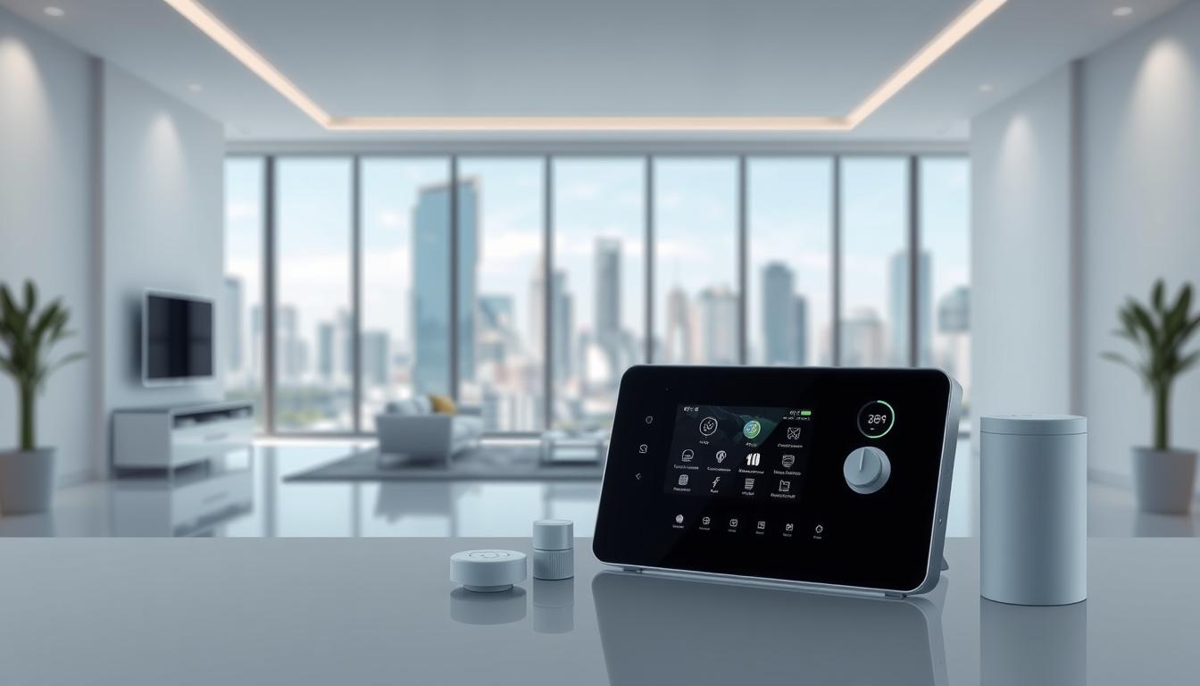 A sleek, modern smart home security system in a stylized, minimalist setting. The foreground features a central control panel with a touchscreen display, various sensors, and security cameras elegantly integrated into the design. The middle ground showcases a minimalist living room with floor-to-ceiling windows, allowing natural light to flood the space. In the background, a cityscape with tall buildings and a vibrant, futuristic atmosphere. The overall scene conveys a sense of advanced technology, security, and seamless integration into a contemporary home environment. Crisp lighting, a neutral color palette, and clean lines contribute to the high-tech, refined aesthetic.