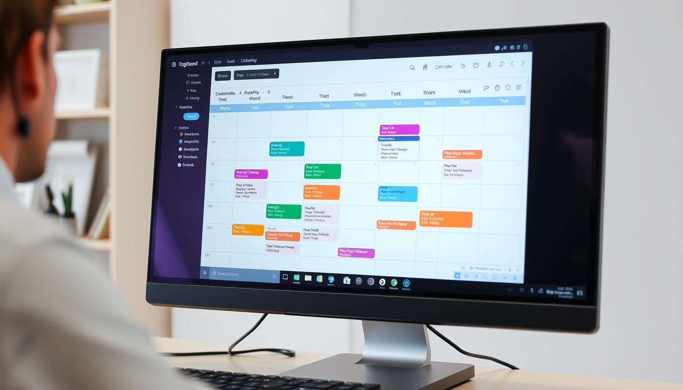 Generate an image of a professional's calendar on a computer screen, with AI-powered scheduling software optimizing the day's tasks and meetings.