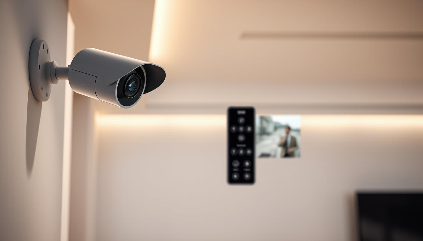 A modern, well-lit interior featuring a sleek, contemporary security system. In the foreground, a high-definition security camera with a discreet, minimalist design is mounted on the wall, its lens meticulously focused on surveying the space. In the middle ground, a state-of-the-art control panel displays a real-time feed from multiple cameras, along with intuitive touchscreen controls for arming and disarming the system. The background showcases clean, neutral-toned walls and subtle ambient lighting, creating a sense of sophistication and technological advancement. The overall atmosphere conveys a perfect balance of security and style, befitting a smart, connected home.