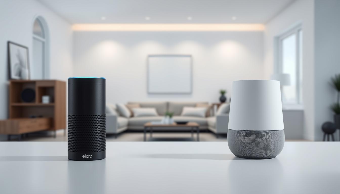 A head-to-head comparison of Alexa and Google Home assistant devices, set against a modern, minimalist smart home backdrop. In the foreground, the two virtual assistants face off, Alexa's sleek cylindrical form contrasted with Google Home's compact, cube-like silhouette. Soft, diffused lighting illuminates the devices, showcasing their distinctive designs. In the middle ground, a sparse, monochrome living room unfolds, featuring clean lines, muted tones, and subtle smart home integrations. The background blurs into an ethereal, ambient setting, conveying a sense of technological sophistication and domestic tranquility. The overall composition reflects the key differences between these leading voice AI platforms in a visually captivating manner.
