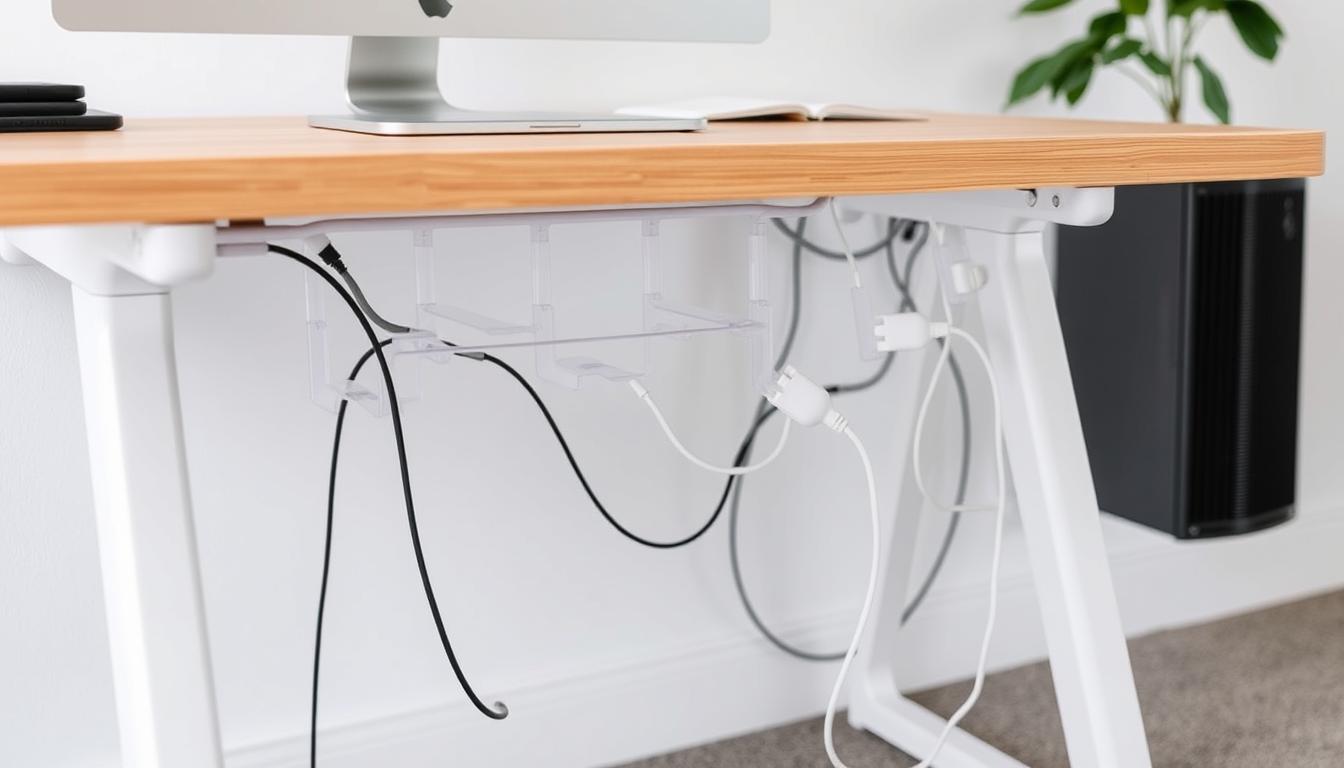 A desk with a cable management system, keeping cords organized