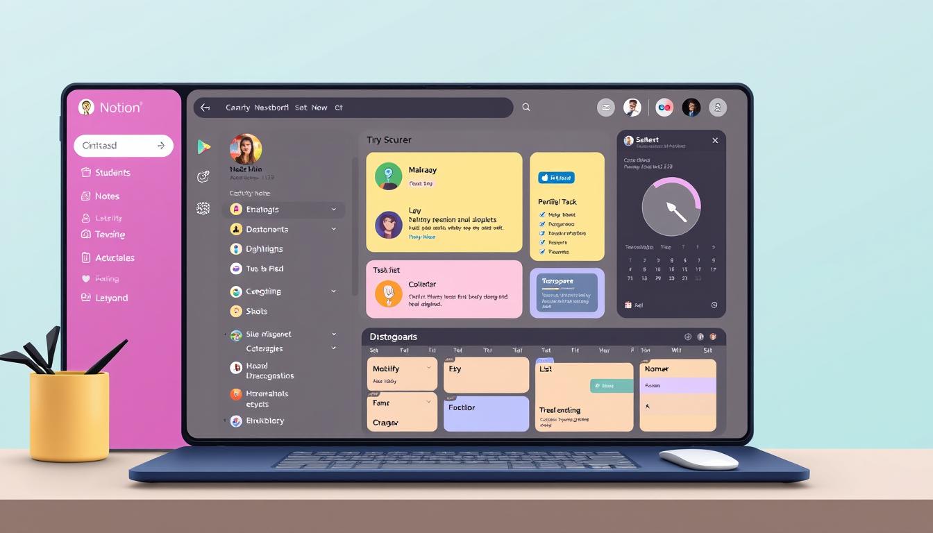 Generate an image of a student's customized Notion workspace, featuring a dashboard with notes, task lists, and a calendar.