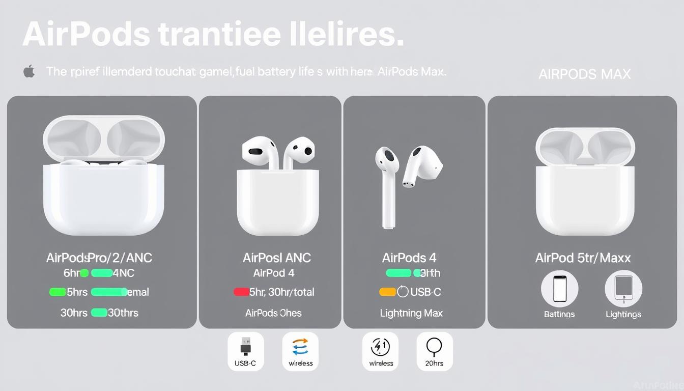 Battery life comparison between all AirPods models with charging options