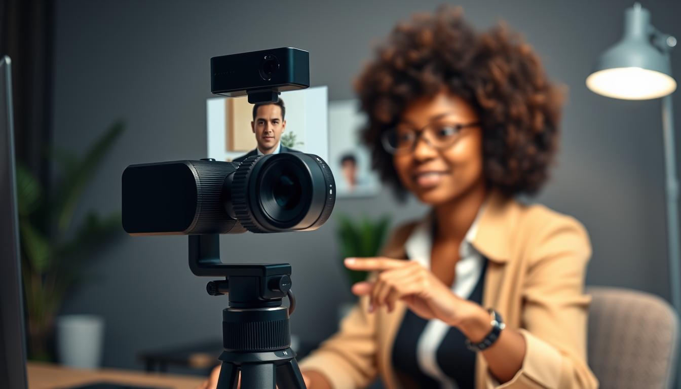 Generate an image of a person using a high-quality webcam for a video meeting.