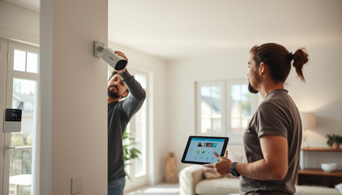 An interior scene of a living room with a smart home security system being installed. The room is well-lit, with natural light streaming in through large windows. In the foreground, a technician is meticulously mounting a sleek, modern security camera on the wall, carefully aligning it and connecting the wires. In the middle ground, a homeowner observes the installation process, holding a tablet that displays the security system's interface. The background showcases other smart home devices such as a thermostat, lighting controls, and a voice assistant. The overall atmosphere is one of efficiency, technology, and a sense of security and control within the home.