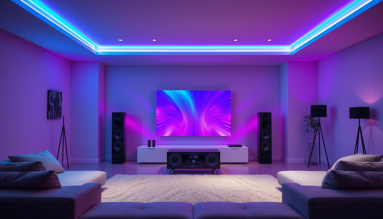 A sleek, modern living room with strategically placed smart lighting fixtures that sync to the beat of a lively electronic music track. Vibrant, pulsing lights in shades of blue, purple, and pink illuminate the room, creating an immersive and energetic atmosphere. The lighting fixtures are seamlessly integrated into the minimalist design, with clean lines and a sophisticated color palette. In the center, a state-of-the-art audio system pulses with the rhythm, its speakers emitting the driving beat that controls the lighting's hypnotic dance. The room is bathed in a dynamic, cinematic glow, capturing the perfect balance of technology and ambiance for an immersive music-listening experience.