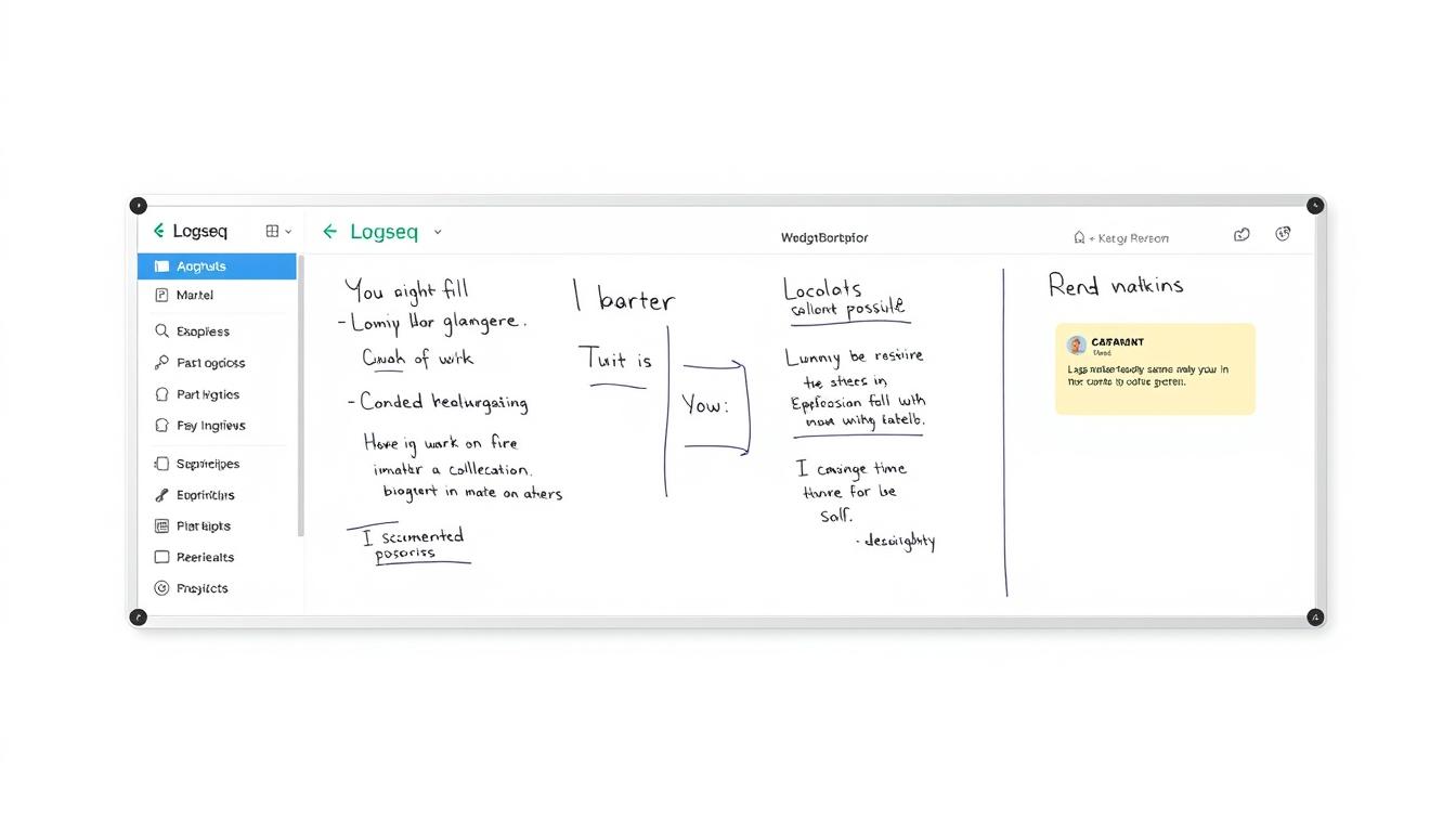 Generate an image of Logseq's interface combining a whiteboard with PKM features.