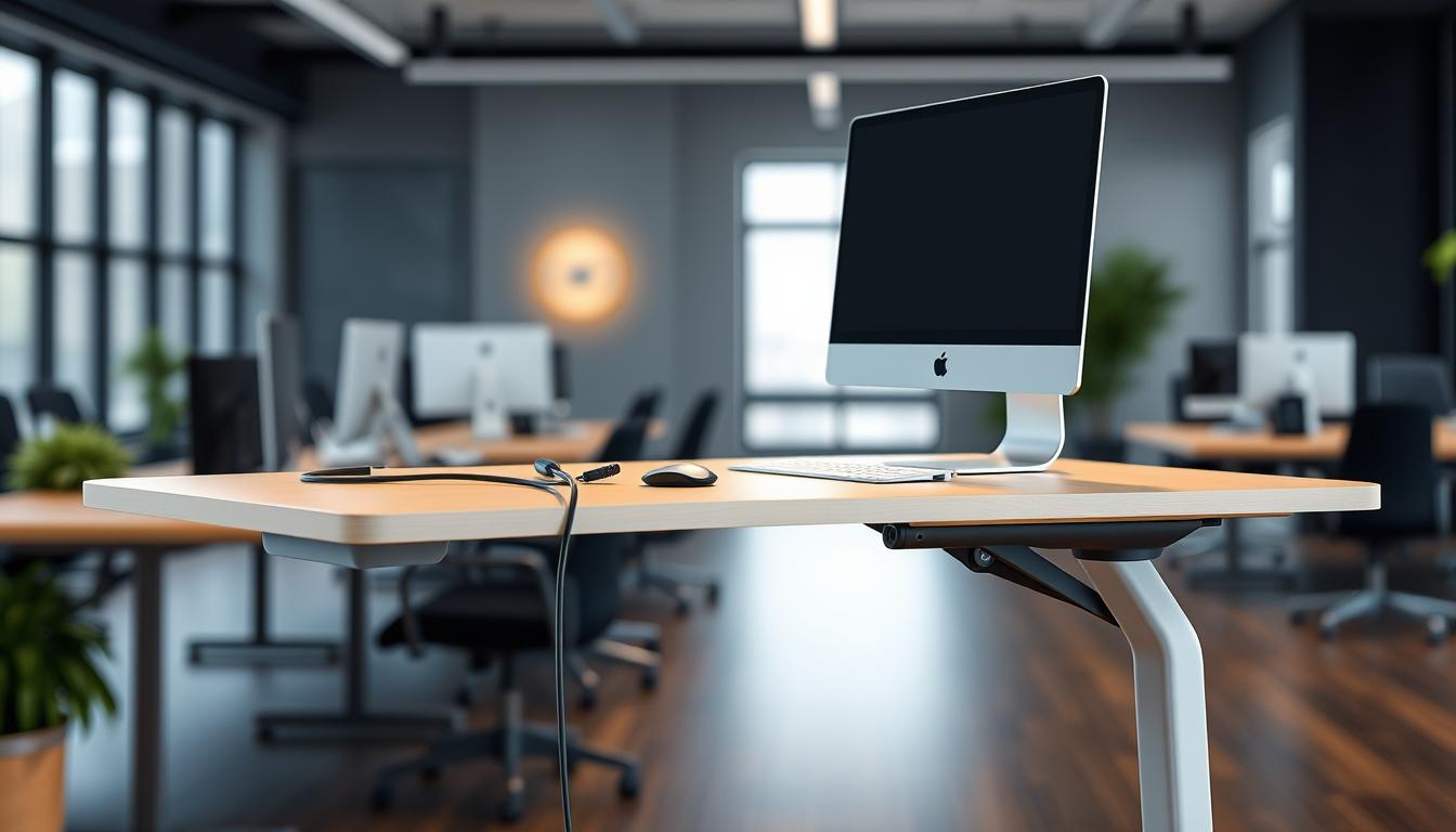 Generate an image of the Branch Standing Desk with its cable management system and height adjustment features.