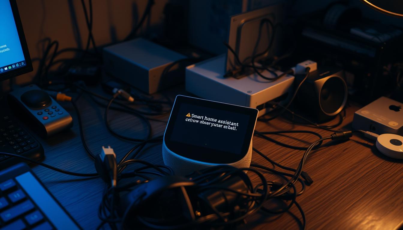 A smart home assistant device sits on a cluttered desk, surrounded by a tangle of wires, power cords, and various electronic devices. The assistant's interface displays an error message, indicating a system malfunction. The desk is dimly lit, casting shadows that obscure the details of the scene. The mood is one of frustration and uncertainty, as the user struggles to troubleshoot the issue. Subtle blue and orange hues from the screen create a sense of technological unease. The angle is slightly elevated, allowing the viewer to observe the problem from an objective perspective.