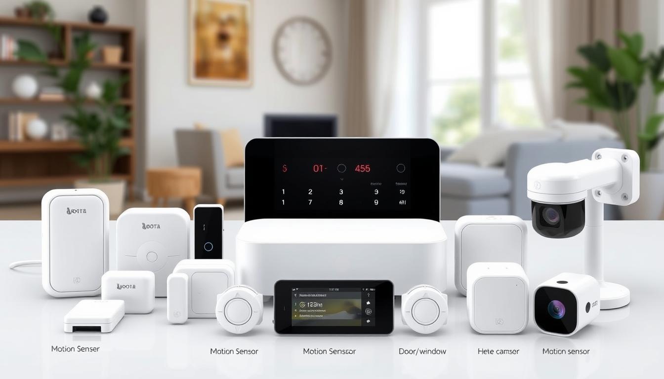 Generate an image of the Abode Smart Security Kit with its components, including the Iota all-in-one hub and various sensors.