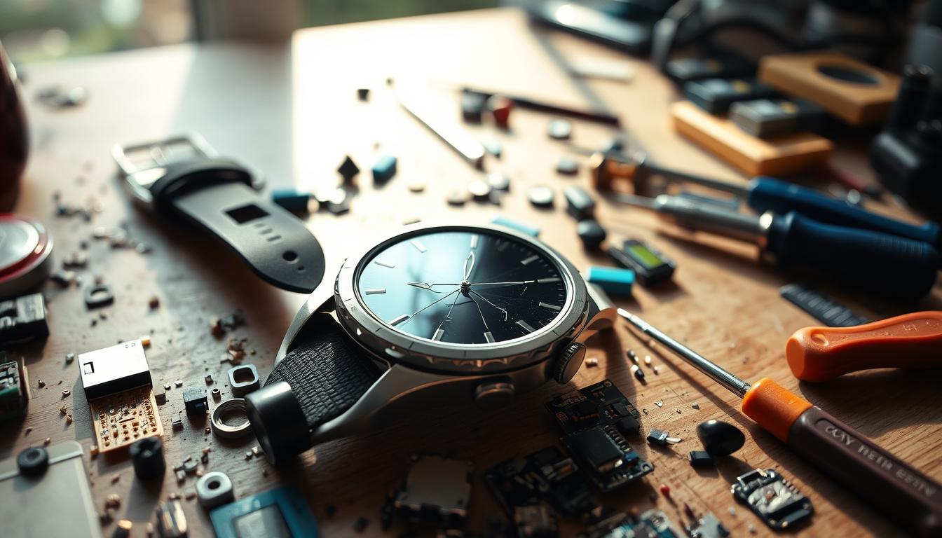 A cluttered workbench with a disassembled smartwatch, screwdrivers, and various electronic components scattered around. The watch face is cracked, and the strap is broken. Diffused natural lighting filters in through a window, casting soft shadows across the scene. The overall atmosphere conveys a sense of troubleshooting and problem-solving, with the smartwatch issues as the focal point.