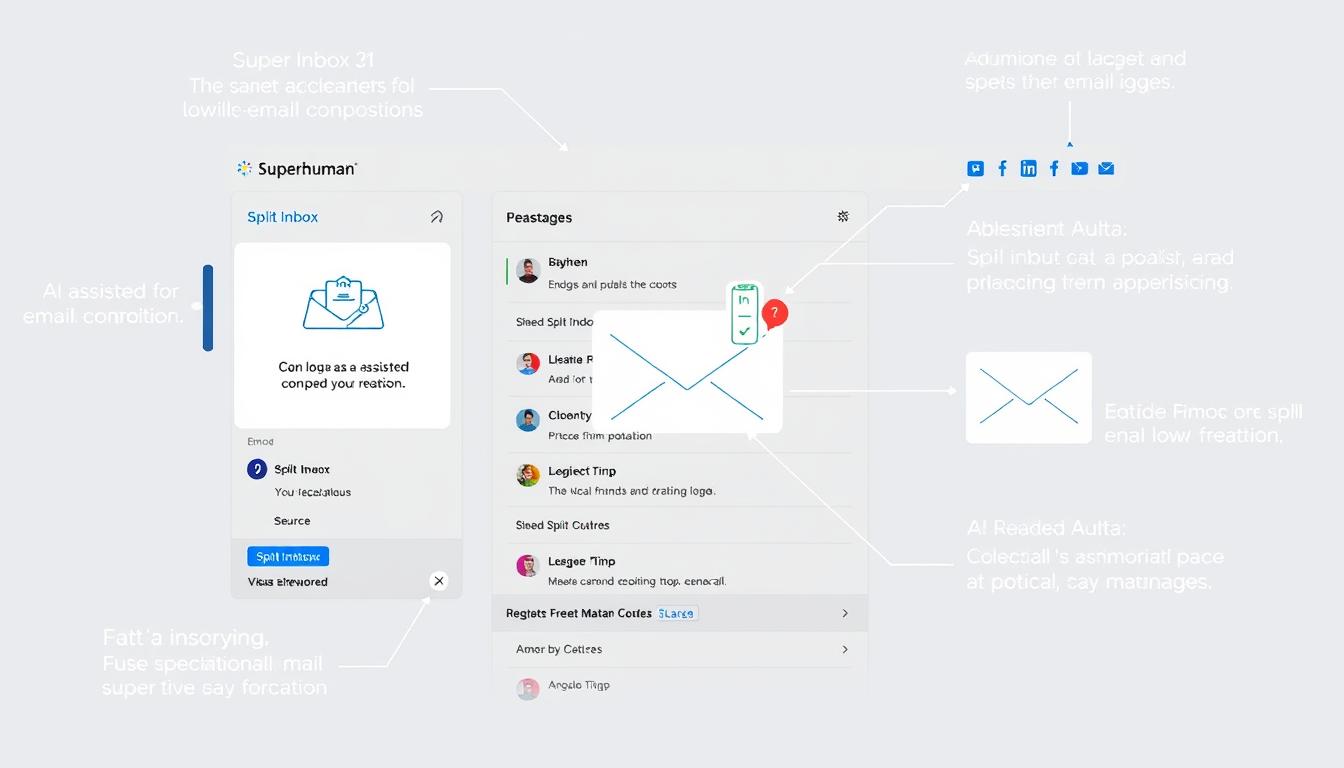 Generate an image of the Superhuman AI email tool interface, showcasing its features like Split Inbox and AI-powered email composition.