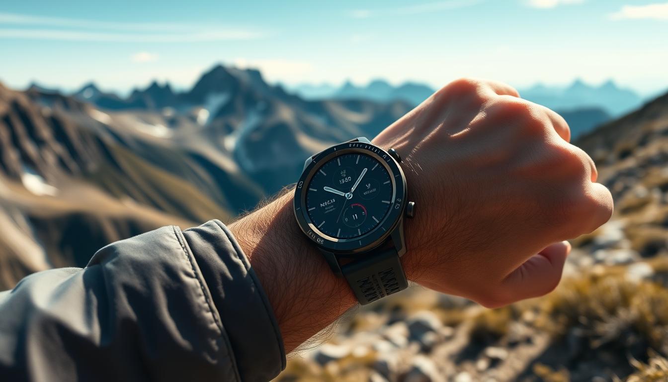 Generate an image of the Coros Apex2 Pro smartwatch on a hiker's wrist during a mountain trek.