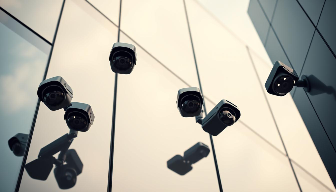 A top-down view of a series of security cameras mounted on the exterior walls of a modern office building. The cameras have a sleek, high-tech design with glossy black casings and discreet lenses. Bright LED indicator lights blink softly, signaling their active surveillance. The building's facade is constructed with clean, geometric lines and reflective glass panels that cast a subtle shimmer in the warm, diffused lighting of a cloudy afternoon. The cameras are positioned strategically, creating an array of overlapping fields of view to ensure comprehensive coverage of the surrounding area. An ominous, yet necessary presence, the cameras convey a sense of vigilance and protection, while also hinting at the potential vulnerabilities of connected smart technology.
