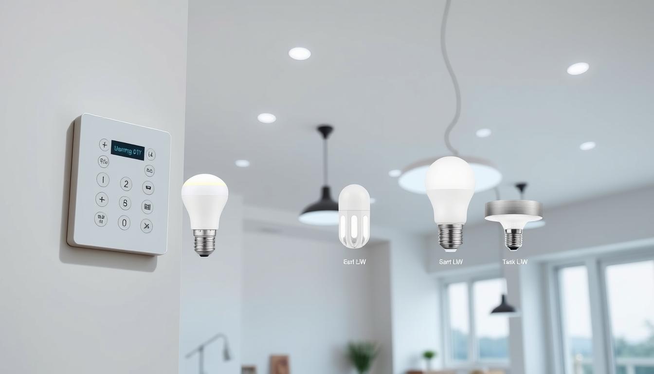 A sleek and modern smart lighting display with a focus on intuitive control interfaces and energy-efficient LED technology. The foreground features a minimalist, wall-mounted control panel with soft-touch buttons and a high-resolution touchscreen display. The middle ground showcases a variety of smart light bulbs and fixtures, including recessed ceiling lights, pendant lamps, and discreet task lighting. The background depicts a clean, well-lit interior space with neutral tones and ample natural lighting, emphasizing the seamless integration of smart lighting into the home environment. The overall mood is one of advanced, user-friendly technology that enhances both form and function.