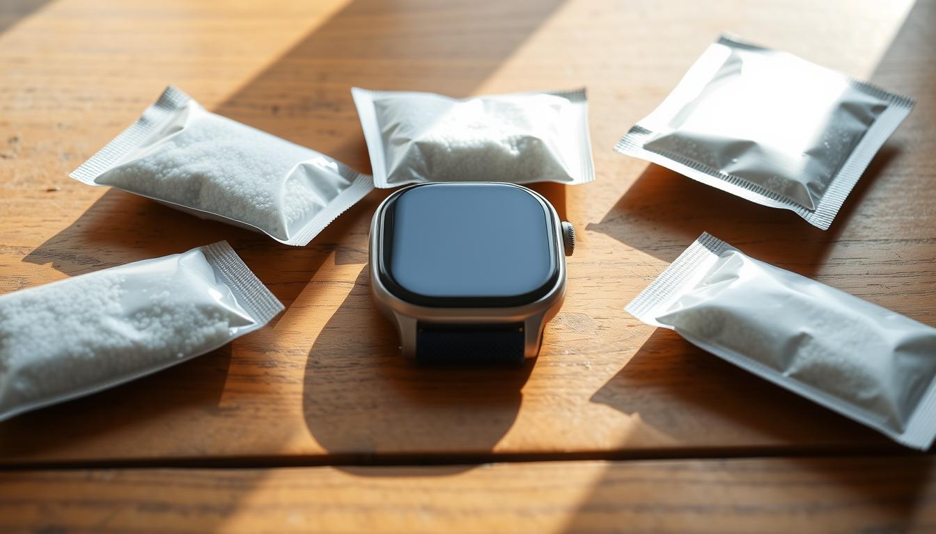 A close-up view of a set of silica gel packets carefully placed on a wooden surface, strategically positioned around a smartwatch. The packets are slightly opened, revealing their absorbent granules, indicating their active role in drying the damaged watch. The smartwatch is displayed prominently in the center, its display still turned off, suggesting the need for this drying process. The lighting is soft and natural, casting gentle shadows that add depth and dimension to the scene. The overall atmosphere conveys a sense of care and intentionality, as if the viewer is witnessing a crucial step in the process of reviving a water-damaged smartwatch.