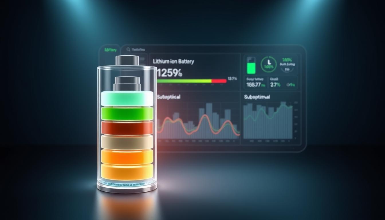 A technologically advanced diagram showcasing the inner workings of a smartphone battery's health status. In the foreground, a detailed cross-section of a lithium-ion battery cell, its layers and components meticulously rendered. In the middle ground, a dynamic visual representation of battery charge levels, color-coded to indicate optimal, suboptimal, and critical states. The background features a sleek, minimalist interface displaying battery usage analytics and diagnostic data. Soft, indirect lighting illuminates the scene, creating a sense of technological sophistication. The composition is balanced, with clean lines and a cohesive color palette that conveys a sense of clarity and professionalism, perfectly suited to illustrate the "Understanding the Causes of Slow Charging" section of the article.