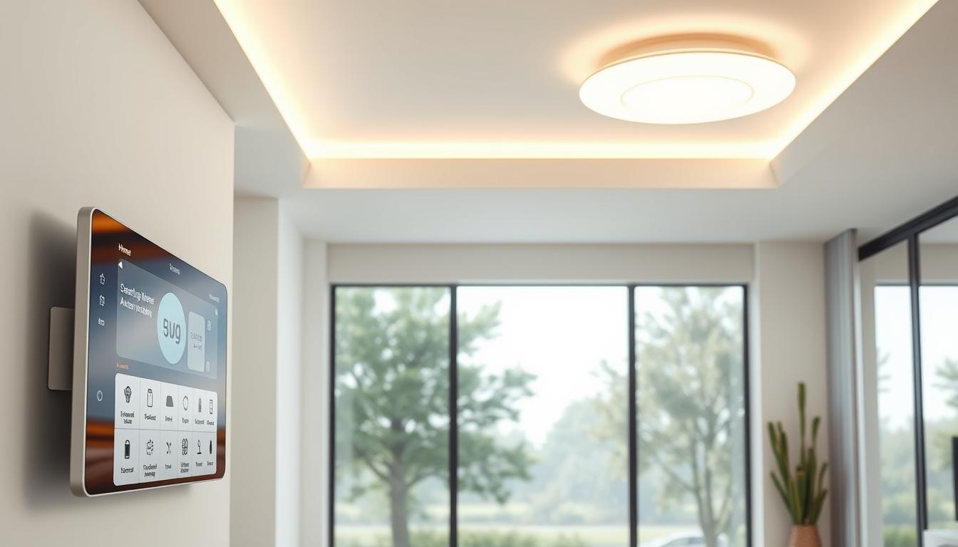 A modern, minimalist smart home interior with clean lines and a harmonious color palette. In the foreground, a sleek touchscreen control panel displays various home automation options. In the middle ground, smart lighting fixtures emit a warm, ambient glow, seamlessly integrated into the ceiling. The background features large windows overlooking a serene, nature-inspired outdoor scene, blending the indoor and outdoor environments. The lighting is soft and diffused, creating a calming, futuristic atmosphere. The overall scene conveys a sense of effortless technology integration and streamlined home management.