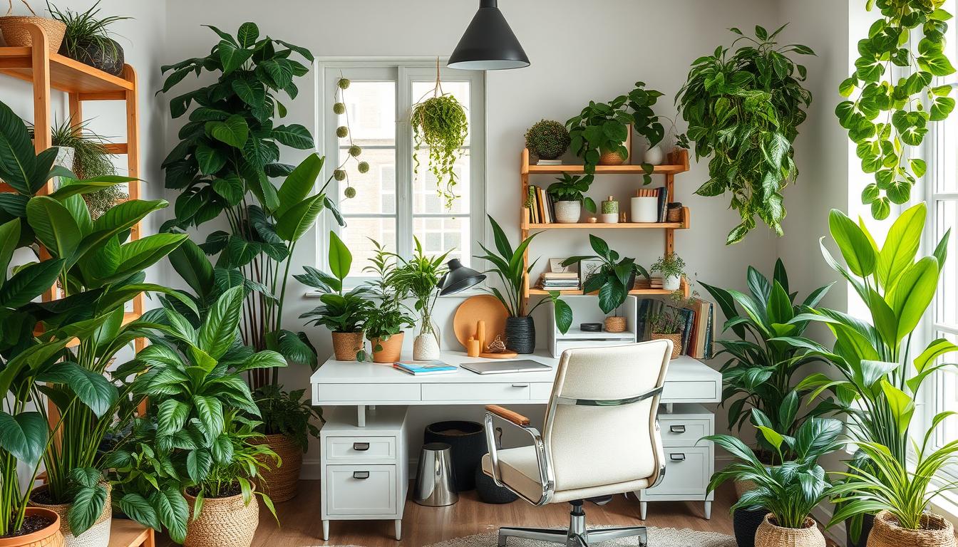 Image of a home office with various plants and natural elements