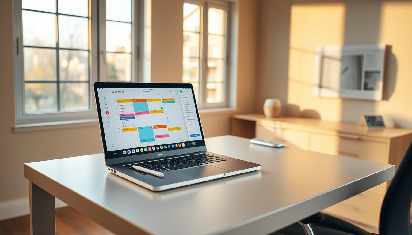 A serene home office with a sleek, modern desk and an ergonomic office chair. On the desk, a laptop, a stylus, and a digital planner app open, showcasing colorful schedules, to-do lists, and reminders. Warm, natural lighting floods the space through large windows, casting a soft glow on the workspace. In the background, a minimalist wall calendar and a digital assistant device, hinting at the integration of AI into the daily planning process. The atmosphere is one of focused productivity and calm efficiency.
