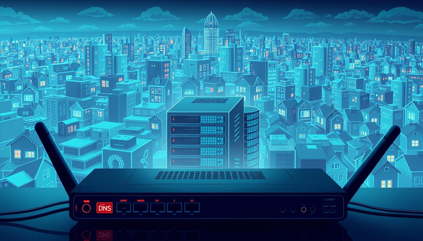 A high-contrast digital illustration of DNS security measures, showcasing a multilayered network architecture. In the foreground, a router with secured ports and an alert dashboard monitoring network activity. In the middle ground, a cluster of domain name servers with protective firewalls and encrypted data flows. In the background, a cityscape of smart homes and IoT devices, all interconnected through a secure DNS infrastructure. Lighting is crisp and technical, with a cool color palette emphasizing the digital nature of the scene. The overall atmosphere conveys a sense of robust cybersecurity safeguarding a modern, connected home network.