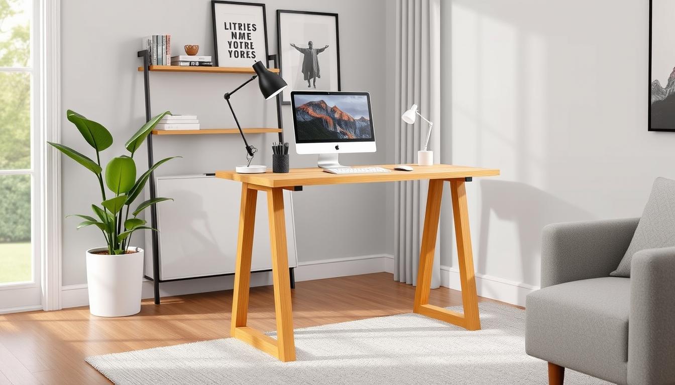 Generate an image of the Jarvis Bamboo Standing Desk in a home office setting.