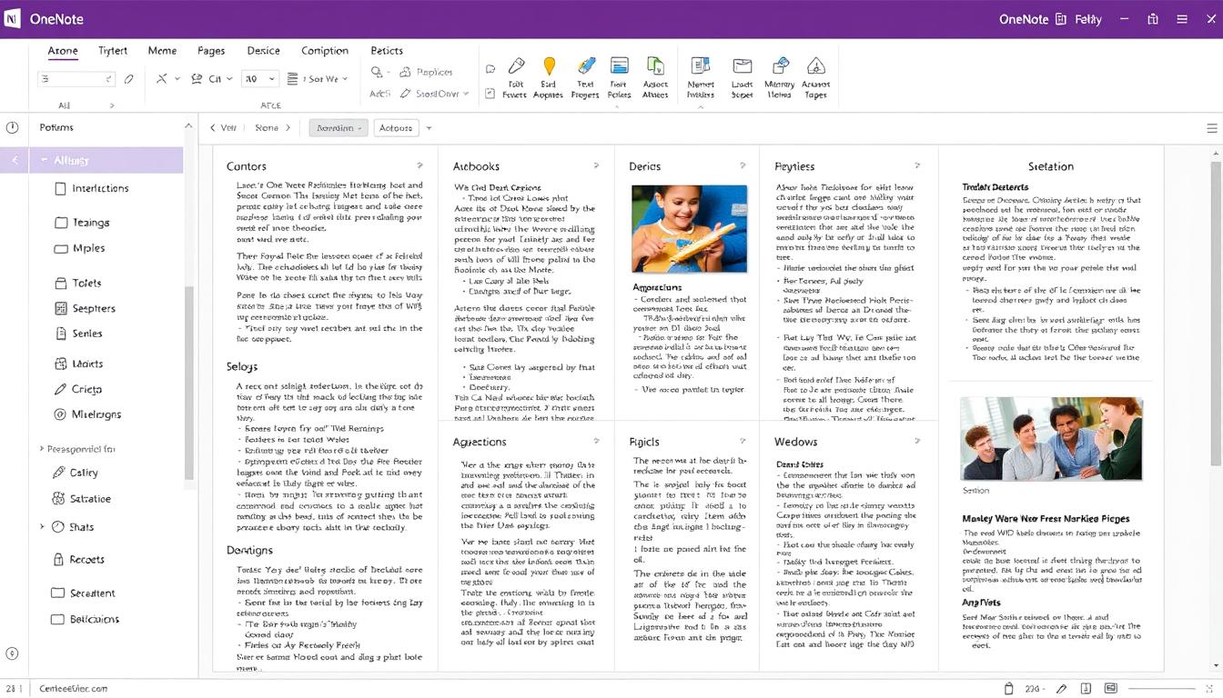 Generate an image of a well-organized OneNote notebook with multiple sections and pages.