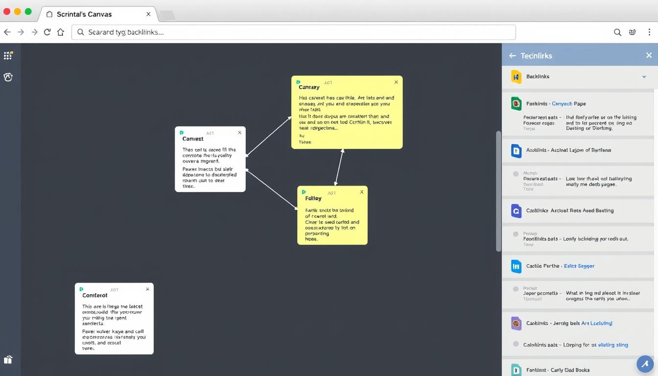Generate an image showing Scrintal's canvas with notes connected through backlinks.