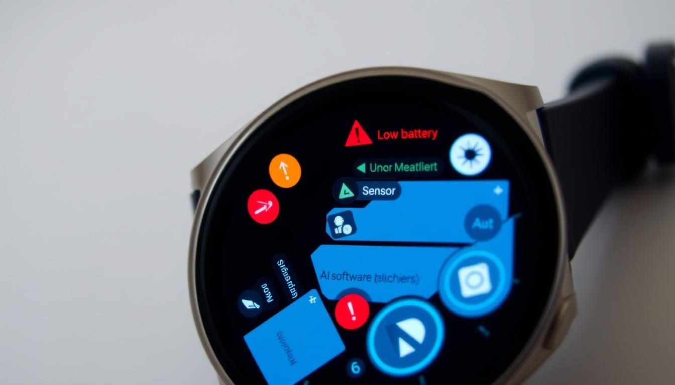 A smartwatch displaying various error messages and warning icons on its screen. The device is shown in a clean, well-lit studio setting, with a slightly high camera angle to capture the full watch face. The errors depicted could include low battery, connectivity issues, sensor malfunctions, and software glitches, conveying the common problems users may encounter with their smartwatches. The overall tone is one of mild frustration and the need for troubleshooting, setting the stage for the article's section on understanding and resolving smartwatch problems.