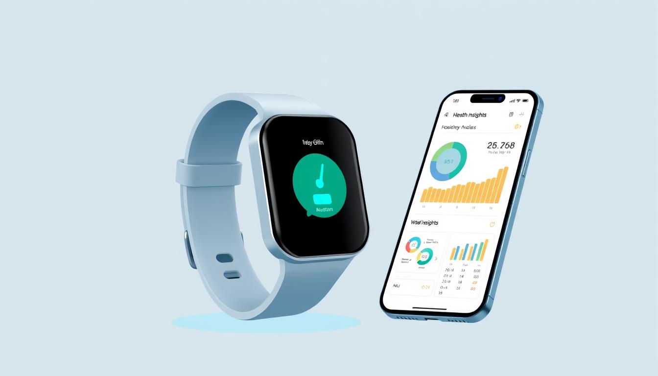 Image of a wearable fitness gadget with AI-driven insights on a smartphone screen