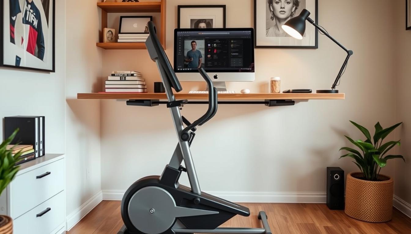 An under-desk elliptical machine in a home office setup