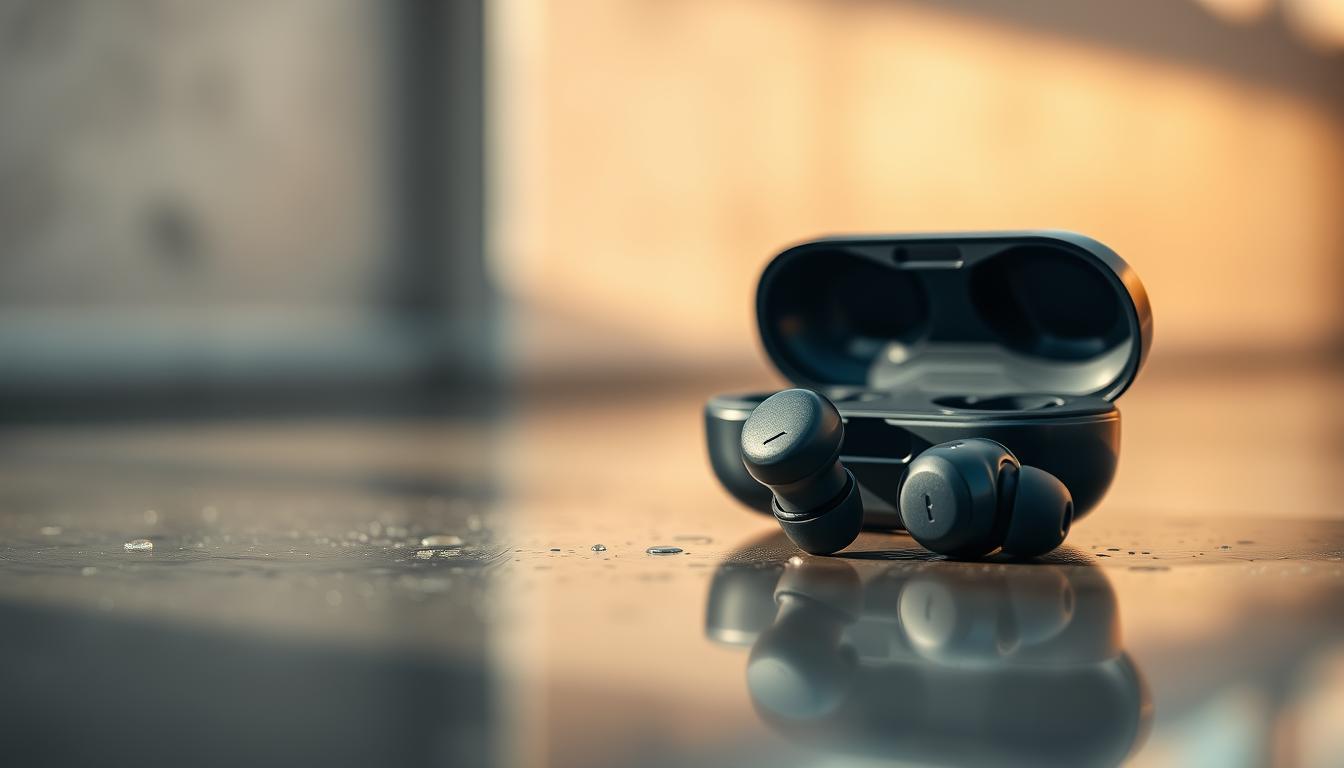 A close-up of a pair of wireless earbuds, with their charging case, set against a blurred, softly-lit, and slightly damp background, suggesting a sweat-resistant and moisture-proof design. The earbuds are highlighted with a crisp, well-lit focus, capturing their sleek, modern aesthetic and emphasizing their tactile, rubberized texture that would provide a secure, slip-resistant fit during an active workout. The entire scene is bathed in a warm, natural lighting that casts subtle shadows, lending a sense of depth and three-dimensionality to the image.