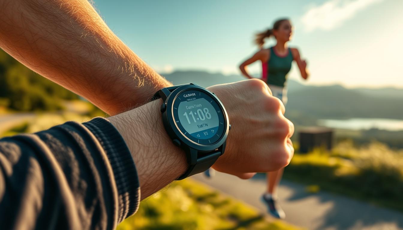Generate an image of the Garmin Venu Sq2 smartwatch on a fitness enthusiast's wrist during a morning jog.