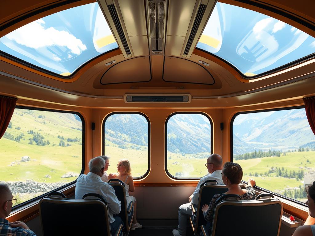 GoldenPass panoramic train with view of Swiss countryside through large windows