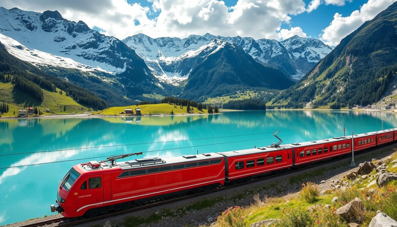 Bernina Express train traveling past the Lago Bianco in the Bernina Pass