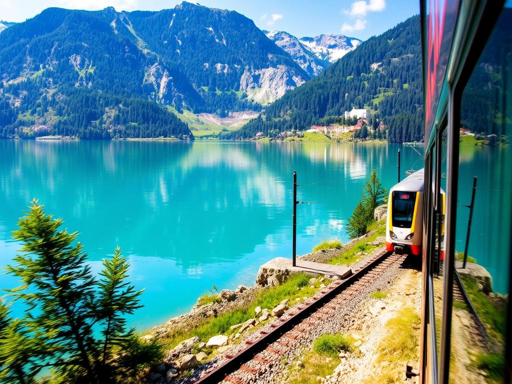 Luzern-Interlaken Express train passing by Lake Brienz with turquoise waters