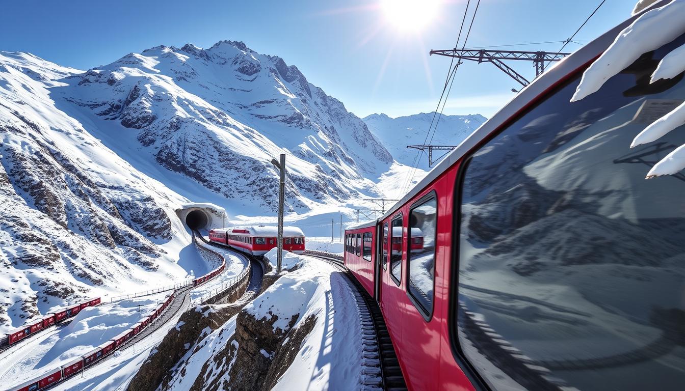 Jungfrau Railway cogwheel train ascending through snow towards Jungfraujoch station