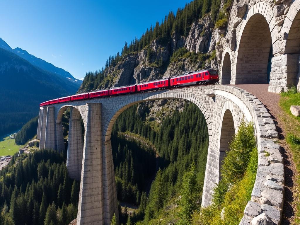 Glacier Express crossing the Landwasser Viaduct with valley view