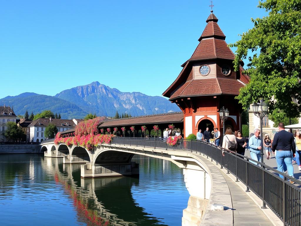 Chapel Bridge in Lucerne with water tower and mountain backdrop