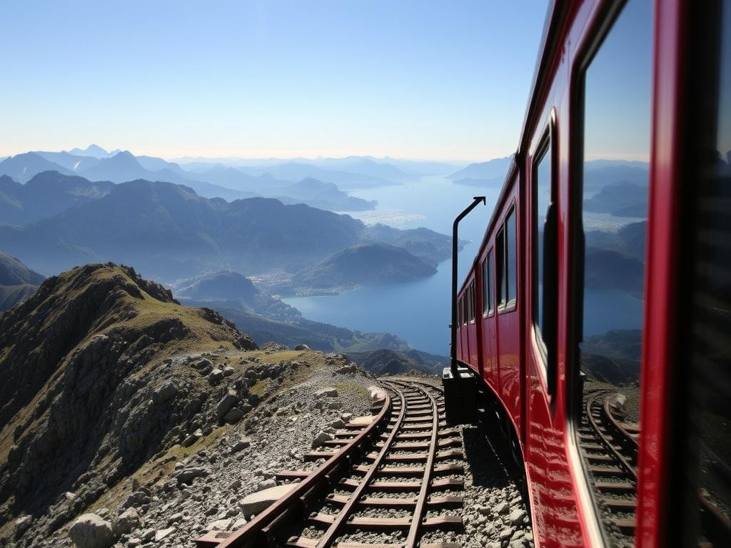 Pilatus cogwheel train ascending steep mountain track