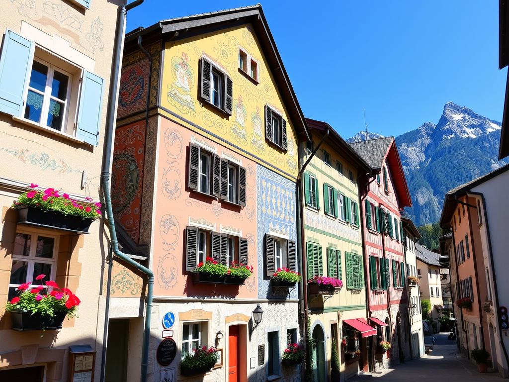 Colorful sgraffiti-decorated houses in the village of Guarda