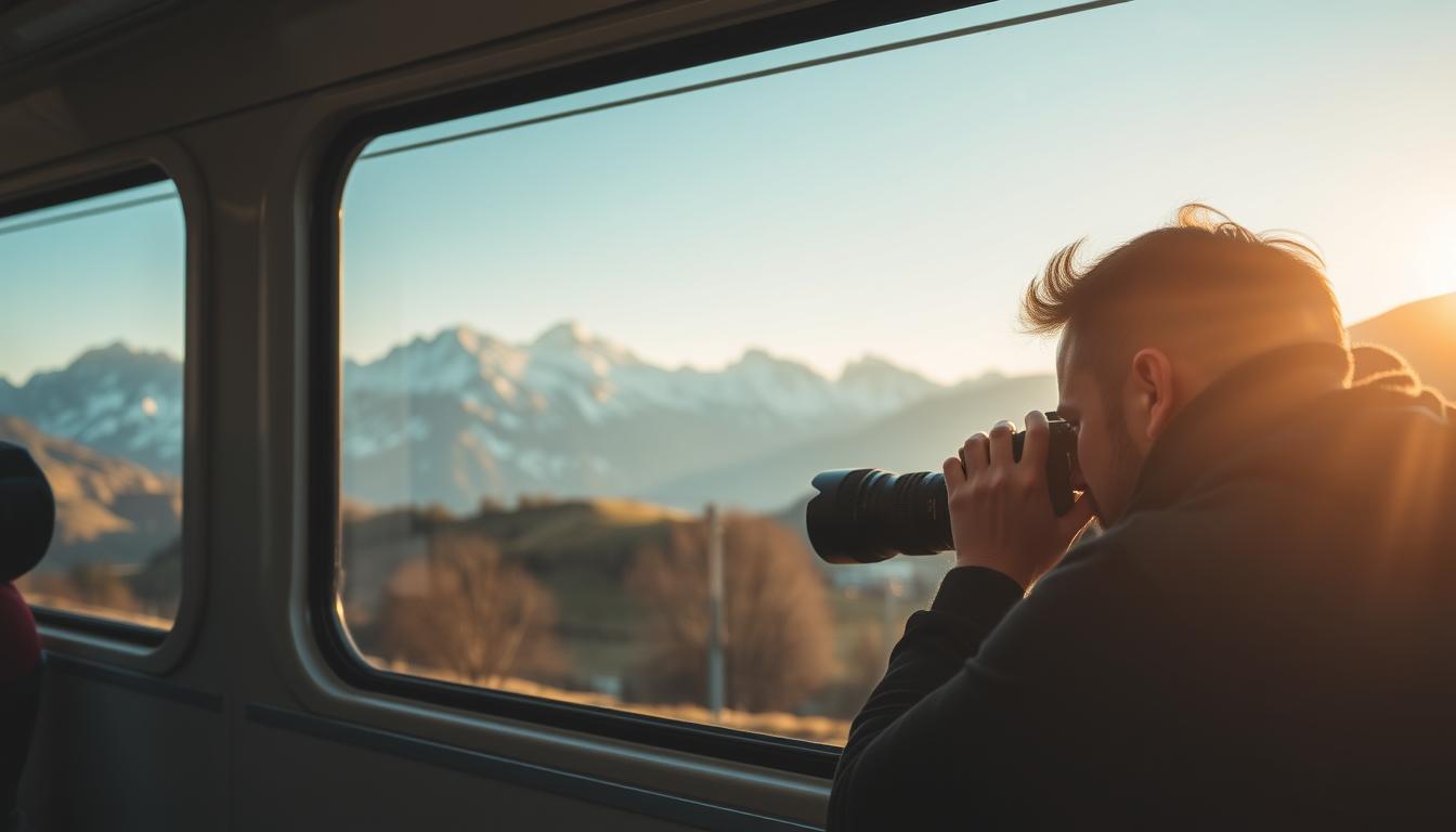 Photographer capturing Swiss train landscape through panoramic window
