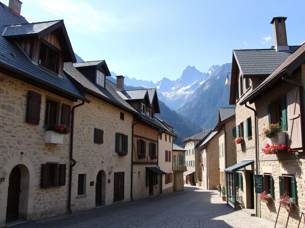 Stone houses in the car-free village of Soglio with mountain backdrop