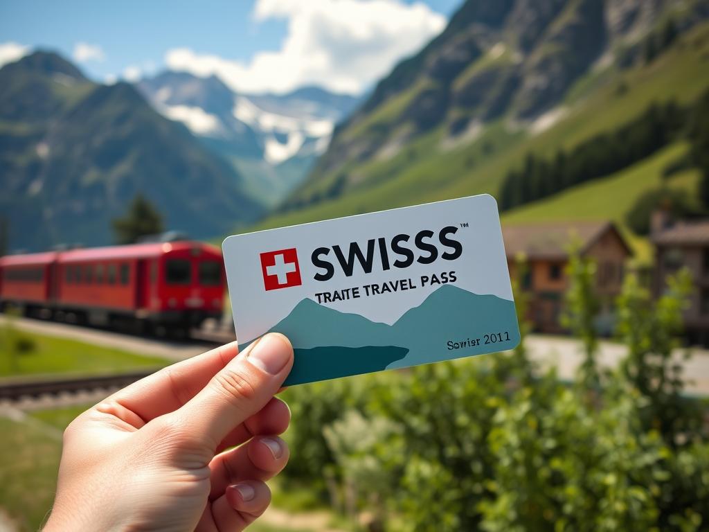 Swiss Travel Pass card being held up against backdrop of Swiss mountains and train