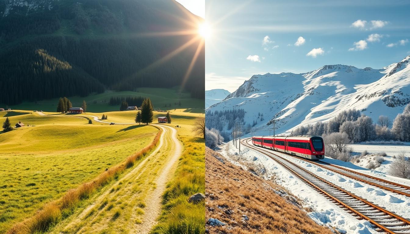 Seasonal comparison of Swiss train routes showing the same location in summer and winter