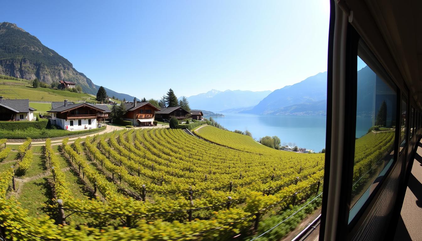 GoldenPass panoramic train passing through vineyards near Lake Geneva