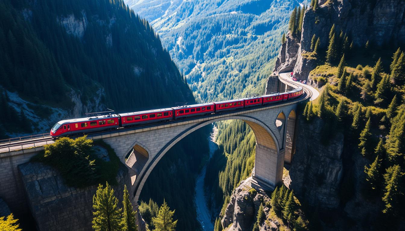 Glacier Express red train crossing the Landwasser Viaduct in Switzerland