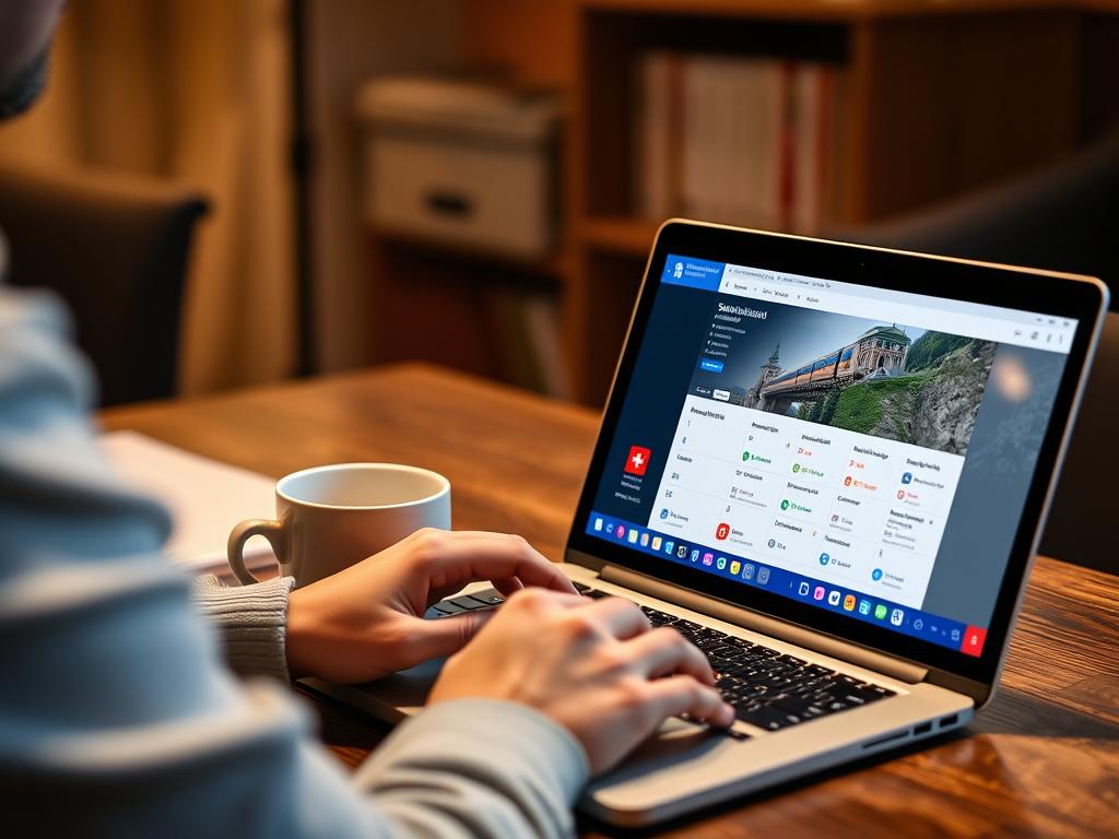 Person booking Switzerland train tickets on laptop with calendar and map visible